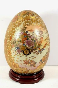 Vintage Chinese Satsuma Hand Painted 9" Tall Cloisonné Egg with Birds & Flowers - Picture 1 of 11