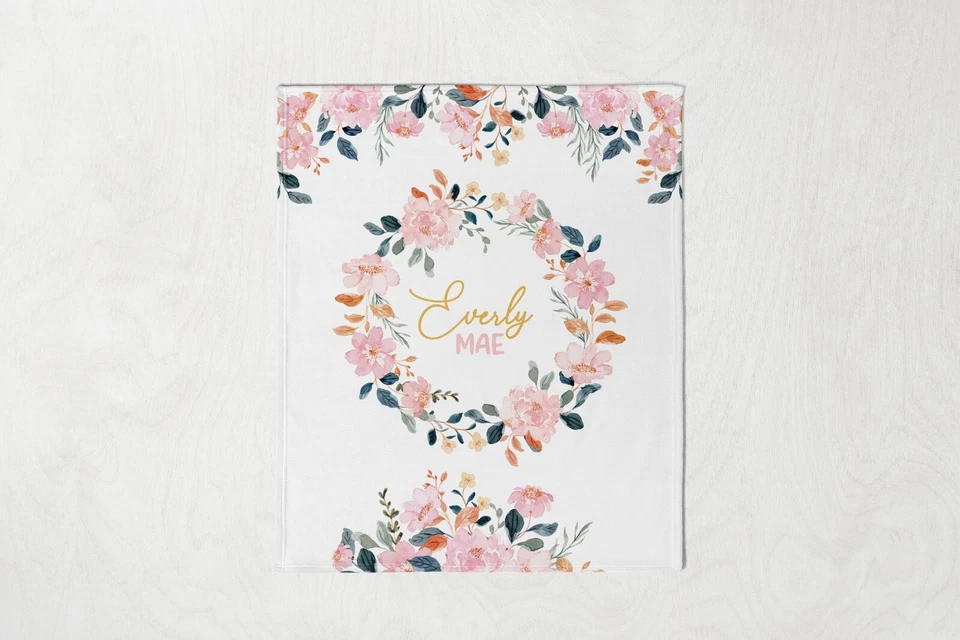 Floral Personalized Baby Girl Blanket, Roses Name Blanket, Minky Newborn Blanket - Image 1 of 4