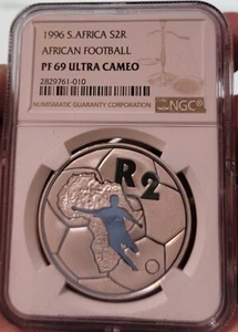 1996 SOUTH AFRICA SILVER  PROOF 2 rand R2 ngc PF69 AFRICAN FOOTBALL SOCCER - Picture 1 of 2