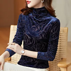 Womens Velvet Half High Neck Blouse Tops Long Sleeves Slim Fit Shirt Work - Picture 1 of 13