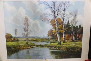 Großer Vintage Lithographie Druck Vorfruhling "Stille Gewässer" von Clemens Freitag. - Bild 1 von 5