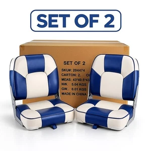 New Leader 2-Pack Marine Boat Seats,  Fold Down Fishing Seats Blue & White NIB - Picture 1 of 15