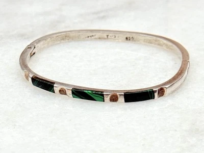 "Brazalete brazalete con bisagras de malaquita de plata de ley 925 de México vintage de 4 mm 7""" Foto 1 de 4