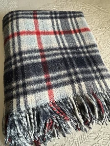 Vintage Plaid Wende Überwurf Decke DICK Poly Mischung blau rot Fransen 60x80 - Bild 1 von 8