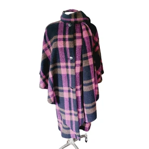 Vintage 90s Purple Wool Plaid Poncho Cloak Coat w/Scarf - Picture 1 of 12