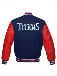 NFL Tennessee Titans Navy Blue Body Red Leather Sleeves Jacket Size XL - Bild 1 von 5
