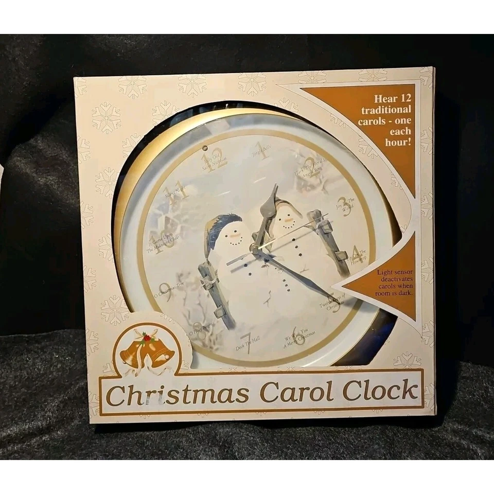 Feldstein Snowman Musical Christmas Carol Clock W Light Sensor 12 Songs MINT 13"