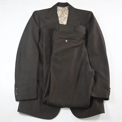 Vtg USA Made 40L 34x34 Brown Check Slim Mens Jacket Pants Suit - Image 1 of 4