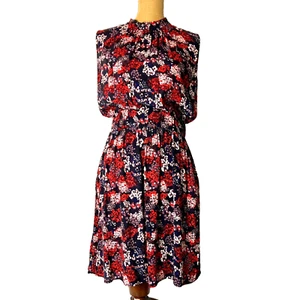 Uniqlo Womens MEDIUM Fit & Flare Dress Navy Blue Red Rayon Elastic Waist Pockets - Picture 1 of 18