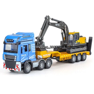 Flatbed Tow Truck with Excavator Diecast Construction Vehicle Toys Set for Kids - Image 1 of 4