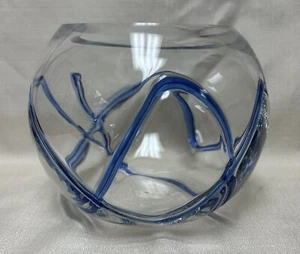E5685 Mid Century Modern Style Blue Art Glass Bowl Fish Betta Candle Home Decor - Picture 1 of 5