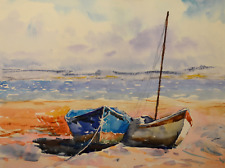 JAY JACK JUNG (1955) Original Fishing Boats on the Beach Seascape Painting