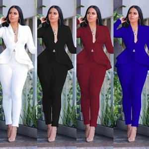 Women Full Sleeve Ruffles Blazers Pencil Pants Suit Two Piece Set Office Lady -L - Picture 1 of 11