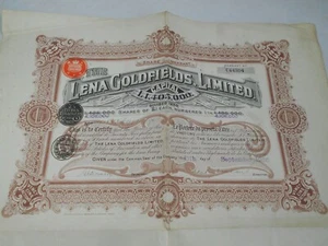 Vintage share certificate Stock Bonds action Lena Goldfields Ltd  - Imagen 1 de 4