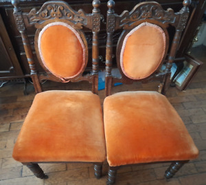 Superb pr of Victorian carved walnut end dining chairs