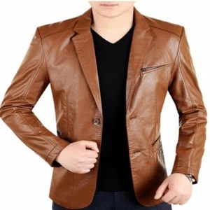 Men's Leather Blazer Genuine Lambskin Tan Blazer Lapel Two Buttoned - Picture 1 of 4