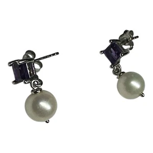 925 Sterling Silver Amethyst With Pearl Earrings - Picture 1 of 5