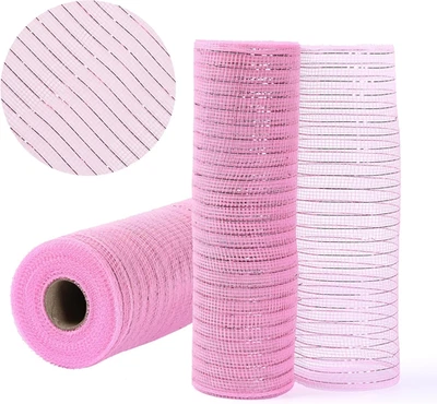 2 Rolls Lt Pink Deco Mesh Metallic Striped Mesh Ribbon 10 Inch X 10Yard for Wrea - Image 1 of 4