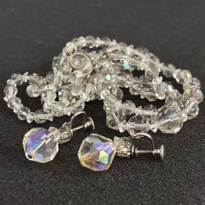 Set orecchini vintage anni '50 AURORA BOREALIS 3 fili 13" collana chocker e clip on - Foto 1 di 11