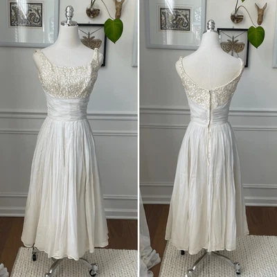 Vintage 50s Emma Domb San Francisco Midi Tea Length Formal Dress Gown Ivory Sequ - Image 1 of 4