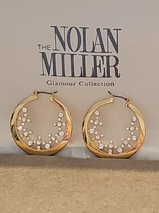 Beautiful NOLAN MILLER Crystal RHINESTONE GOLD TONE 1.5" HOOP EARRINGS #86 - Picture 1 of 7