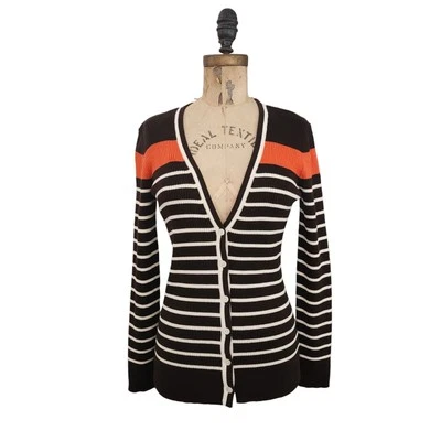 Suéter Cárdigan Lauren Ralph Lauren Rayas Cuello en V Marrón Blanco Naranja S NUEVO CON ETIQUETAS JO Foto 1 de 4