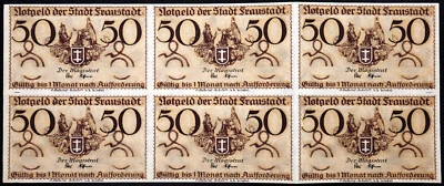 FRAUSTADT / WSCHOWA 1918 6 piezas HOJA DE MUESTRA SIN CORTAR Alemán Notgeld Polonia 50 Pf Foto 1 de 2