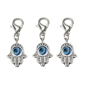 3er SET WINZIGE HAMSA HAND ANHÄNGER Evil Eye Reißverschluss Ziehen Clip On Karabinerverschluss Glück - Bild 1 von 3