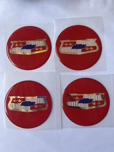 4  EMBLEMS STICKERS RED VINTAGE CHEVY  WHEEL SIZE  2 1/4 OR 57 MM  DIAMETER - Picture 1 of 1