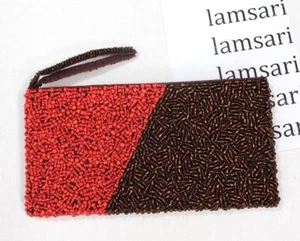 Boho Perlen Reißverschluss Clutch Tasche Handtasche Armband zweifarbig orange bronze Handarbeit - Bild 1 von 5