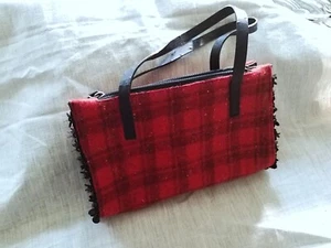 Falor Le Borse _ Red Plaid Fabric Woven Handbag with Black Leather Straps - Picture 1 of 5