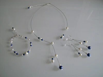 Schmuck Elfenbein/Königsblau Halskette Armband Schmuck Hochzeit/Braut/Abend Kleid Perle - Bild 1 von 3