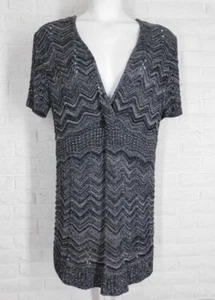 VENEZIA Long Pullover Tunika V-Ausschnitt hoher niedriger Saum Chevron schwarz weiß grau 18 20 - Bild 1 von 3