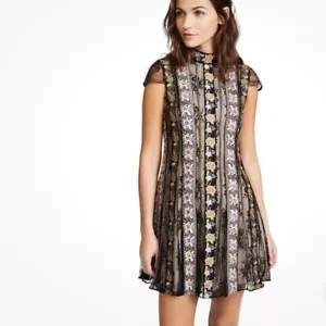 Alice + Olivia Gwyneth Embroidered High Neck Dress Black Floral Size 2 - Picture 1 of 10