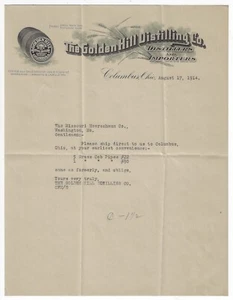 Membrete ilustrado Golden Hill Distillery Columbus Ohio 1914 licor centeno - Imagen 1 de 1