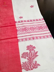 Kora Pure Khadi Cotton Tree Mina Achol Saree/Lal Paar Saree/Handloom Saree - Picture 1 of 8