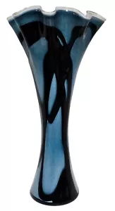 Mid-Century Modern 21.5" Tall Blue & Black Art Glass Ruffled Vase - Large - Picture 1 of 10