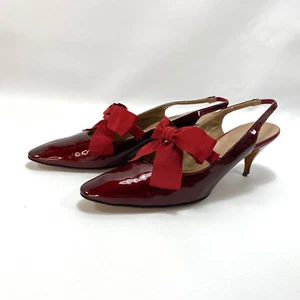 Tacones de cuero granate Bon Marche vintage talla 9 AAA lazos de cinta eslinga defectos traseros - Imagen 1 de 14