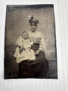 Victorian Era Woman with Infant, Floral Hat & Patterned Blouse Seated Tintype - Picture 1 of 10