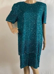 Laurence Kazar Vintage Green Sequined Silk Short Sleeve Dress Size XL - Picture 1 of 11