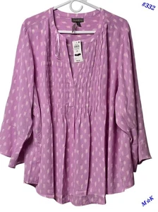 Style & Co Lilac Print Pintuck 3/4 Sleeve Top Blouse Plus Size 3X semi-sheer - Picture 1 of 14