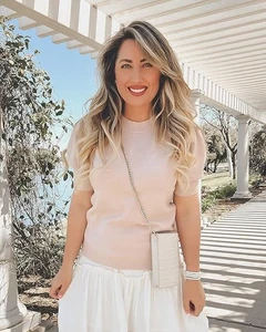 Women's Beige Puff Short Sleeve Sweater Tops Fall Trendy Knit Crew Neck SZ L - Picture 1 of 6