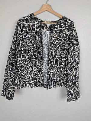 Chaqueta Blazer Chico's Mujer 2 Negro Blanco Tostado Estampado Abstracto Frente Abierto Algodón Foto 1 de 4