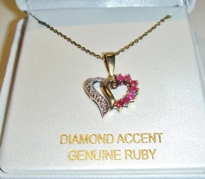18K GOLD STERLINGSILBER ECHTER RUBIN & DIAMANT HERZ ANHÄNGER HALSKETTE ITALIEN - Bild 1 von 10