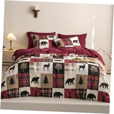  - Juego de Edredón Rústico con Sábanas, Cabin Lodge Navidad Reina Borgoña Negro Foto 1 de 4