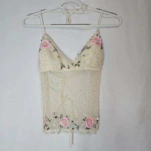 Raro Vintage Sello Húmedo Y2K Marfil Rosa Floral Cuentas Malla Con Cordones Halter Cami... - Imagen 1 de 12