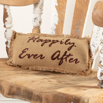 Farmhouse 7"x13" Happily Ever After Pillow Tan Burlap Bedroom Decor VHC Brands - Image 1 of 4