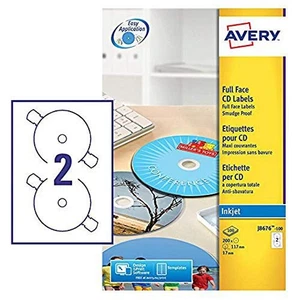 (TG. 1) Avery CD/DVD Labels Inkjet 2 per Sheet Dia.117mm QuickDRY Ref J8676-100  - Foto 1 di 6