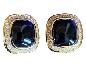 Vintage Christian DIOR Earrings Faux Onyx Rhinestone Gold Clips Signed - Picture 1 of 6