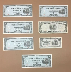 Japanese Government Pesos Centavos WW II occupation - lot of seven paper bills - Picture 1 of 2
